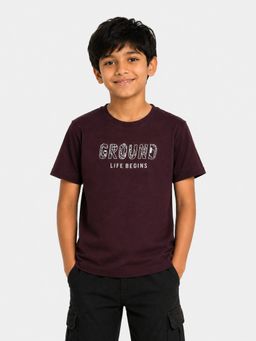 Bloom Up - Boys Maroon “Ground Life Begins” Printed Cotton T-Shirt