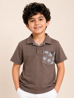 Bloom Up - Boys Brown Printed Pocket Polo T-Shirt