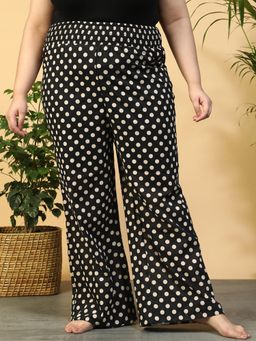 Oxolloxo - Women Black Polka Dot Print Cotton with Elasticated Waist Flared Palazzo