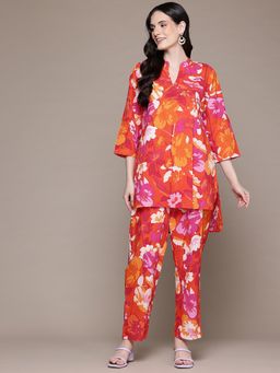 Readiprint - High-Low Style Cotton Fabric Orange Color Co-Ord (Set of 2)