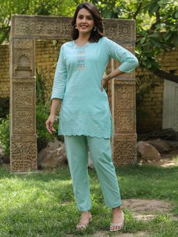 Readiprint - Straight Style Cotton Fabric Turquoise Blue Color Co-Ord (Set of 2)