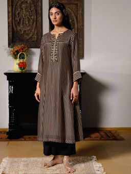 Ganga Fashions - Black and Beige Striped Bemberg Silk Festive Kurtas (Set of 2)