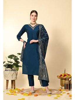 Laado - Petrol Blue Hand Embroidered Silk Suit - Of 3 (Set of 3)