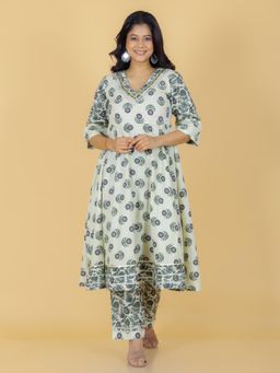 ARAMYA - Soft Cotton Flared Block Print Kurta for Women (Set of 2)