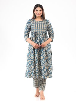 ARAMYA - Soft Cotton A-Line Gold Foil Print Kurta for Women (Set of 2)