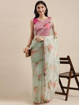 Vastranand - Green Organza Party Wear Saree With Aari Work Butta with Unstitched Blouse