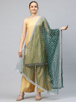 FLAHER - Green Embroidered Net Dupatta