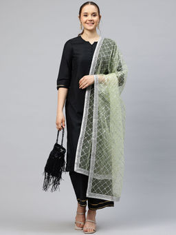 FLAHER - Green Embroidered Net Dupatta