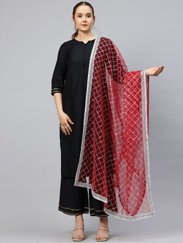FLAHER - Red Embroidered Net Dupatta