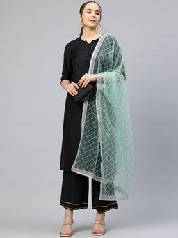 FLAHER - Green Embroidered Net Dupatta