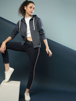 Campus Sutra - Blue Women Stylish Zipper Solid Hooded Sweatshirt