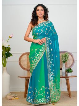 Geroo Jaipur - Multi-Colour Shaded Chiffon Saree with Gota Patti Jaal Work with Unstitched Blouse