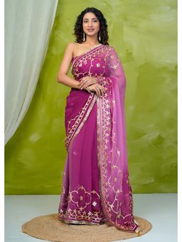 Geroo Jaipur - Magenta Shaded Chiffon Saree with Gota Patti Jaal Work with Unstitched Blouse