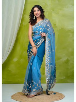 Geroo Jaipur - Navy Blue Shaded Chiffon Saree with Gota Patti Jaal Work with Unstitched Blouse