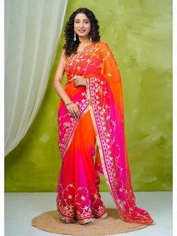 Geroo Jaipur - Orange Shaded Chiffon Saree with Gota Patti Jaal Work with Unstitched Blouse