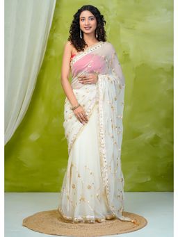 Geroo Jaipur - Off White Chiffon Saree with Gota Patti Jaal Work with Unstitched Blouse