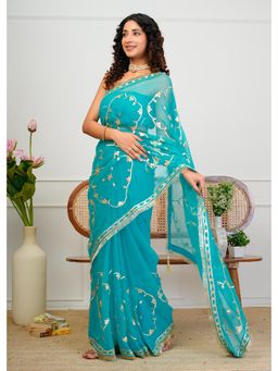 Geroo Jaipur - Blue Chiffon Saree with Gota Patti Jaal Work with Unstitched Blouse