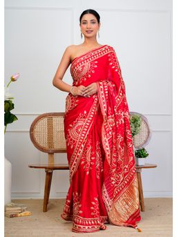 Geroo Jaipur - Red Silk Saree with Gota Patti Jaal Work with Unstitched Blouse