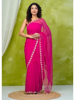 Geroo Jaipur - Pink Chiffon Saree with Gotta Patti with Unstitched Blouse