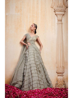 Jigar and Nikita - Olive Green Layered Blouse and Lehenga with Dupatta (Set of 3)