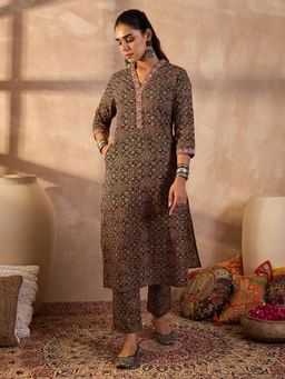 Indo Era - Black Printed Straight Kurta and Pant