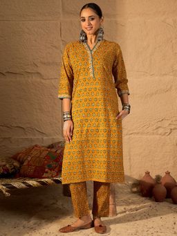 Indo Era - Mustard Printed Straight Kurta and Pant