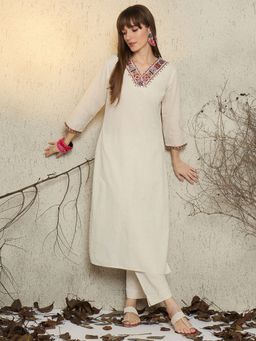 Indo Era - Off White Embroidered Straight Kurta and Palazzo