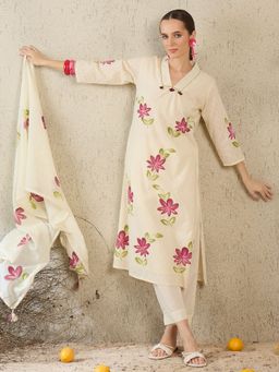 Indo Era - Off White Printed A-Line Kurta Pant with Dupatta