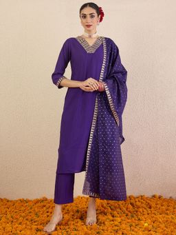 Indo Era - Purple Embroidered Straight Kurta Pant with Dupatta