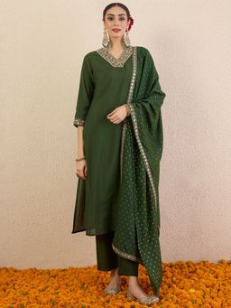 Indo Era - Green Embroidered Straight Kurta Pant with Dupatta