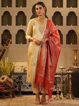 Indo Era - Cream Embroidered Straight Kurta Pant with Dupatta