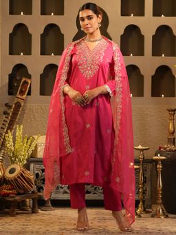 Indo Era - Pink Embroidered Straight Kurta Pant with Dupatta