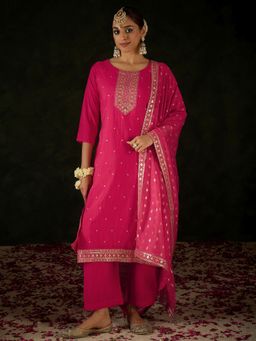 Indo Era - Pink Embroidered Straight Kurta Pant with Dupatta