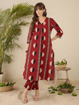 Indo Era - Maroon Printed Straight Kurta and Pant