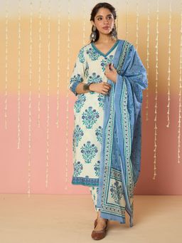 Indo Era - Off White Printed Straight Kurta Pant with Dupatta