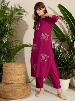 Indo Era - Burgundy Embroidered Straight Kurta and Pant