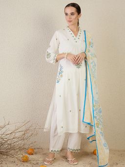 Indo Era - Blue Embroidered Straight Kurta Pant with Dupatta