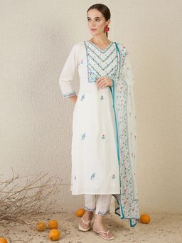 Indo Era - Blue Embroidered Straight Kurta Pant with Dupatta