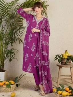 Indo Era - Burgundy Printed Straight Kurta Pant with Dupatta