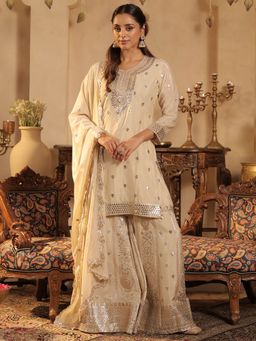 Indo Era - Off White Embroidered Straight Kurta Palazzo with Dupatta