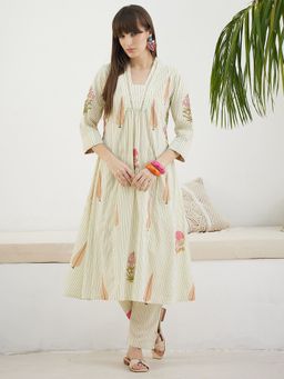 Indo Era - Off White Printed A-Line Kurta and Pant