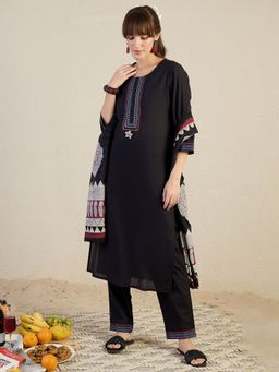 Indo Era - Black Printed Straight Kurta Pant with Dupatta