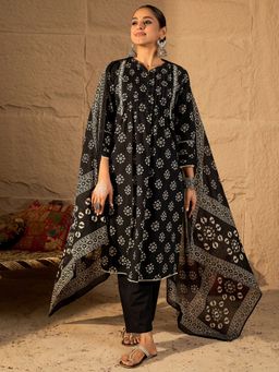 Indo Era - Black Printed Straight Kurta Pant with Dupatta