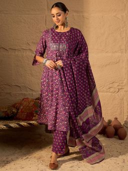 Indo Era - Purple Printed Straight Kurta Pant with Dupatta