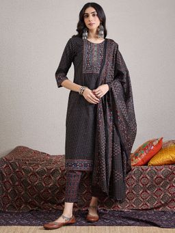 Indo Era - Black Printed Straight Kurta Pant with Dupatta