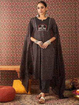 Indo Era - Black Printed Straight Kurta Pant with Dupatta