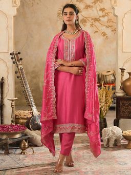 Indo Era - Pink Embroidered Straight Kurta Pant with Dupatta