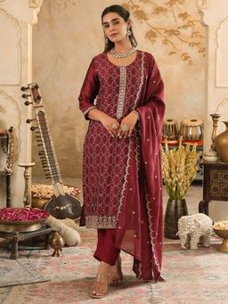 Indo Era - Maroon Embroidered Straight Kurta Pant with Dupatta