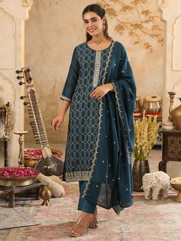 Indo Era - Teal Embroidered Straight Kurta Pant with Dupatta