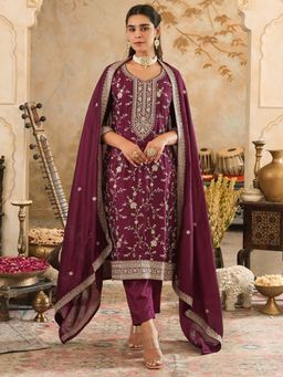 Indo Era - Burgundy Embroidered Straight Kurta Pant with Dupatta